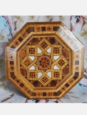 Octagon Inlaid Wood Red Velveteen Jewelry Hinged Mother of Pearl Box Vintage